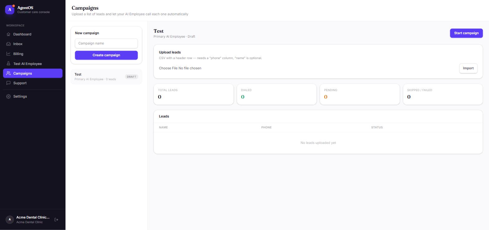 AykaAIAgents campaigns screen showing lead upload and dial status