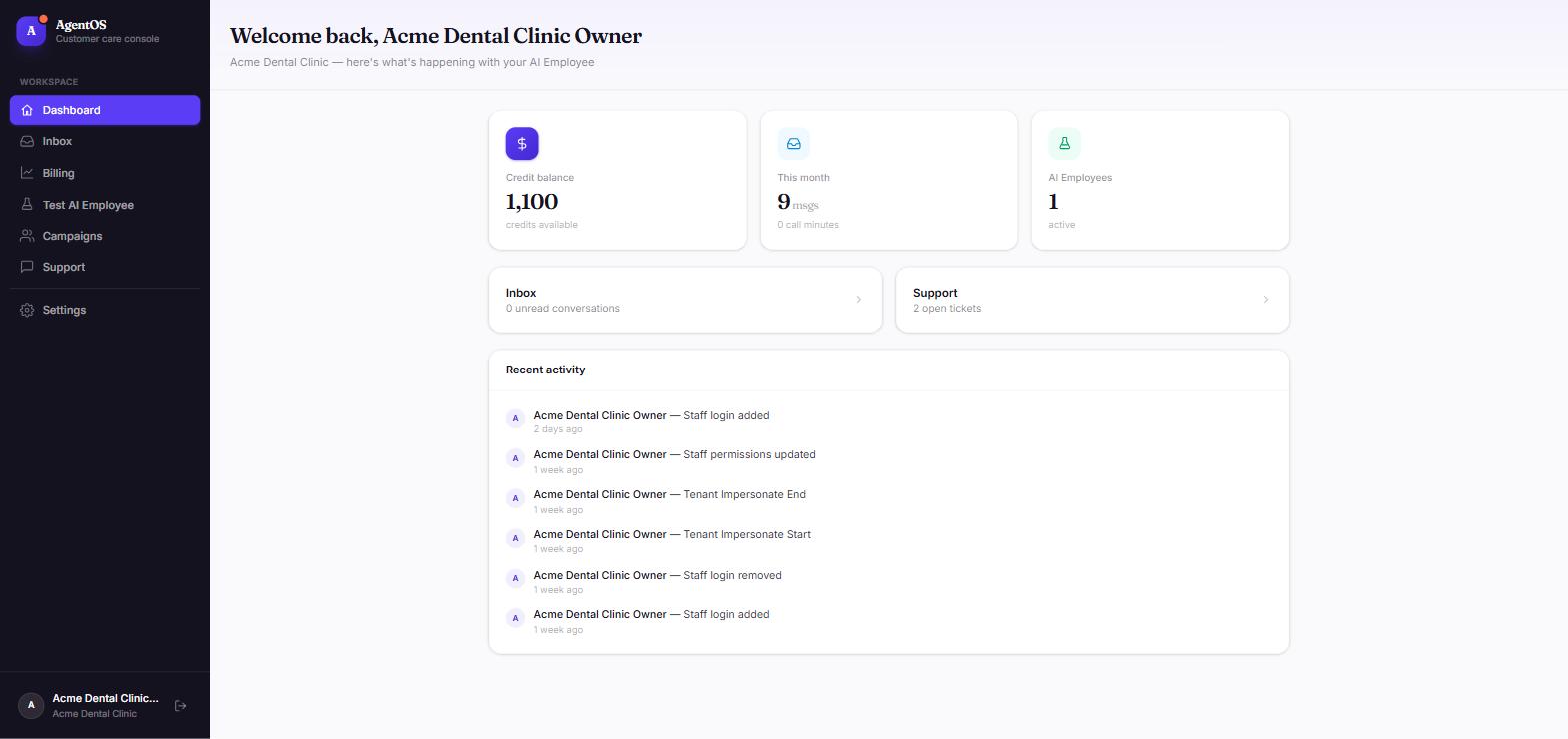 AykaAIAgents tenant dashboard showing credit balance, monthly usage, and recent activity
