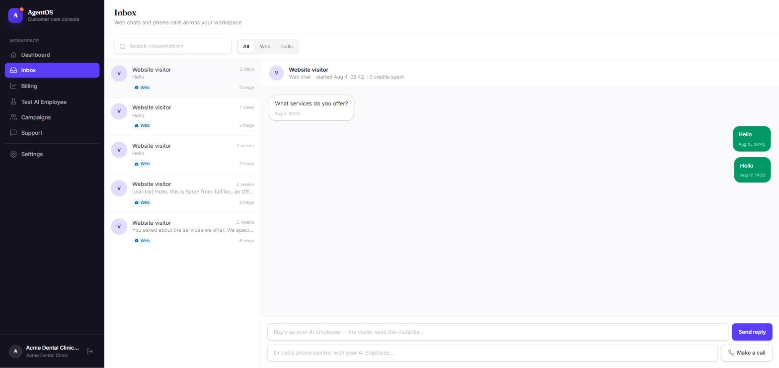 AykaAIAgents inbox showing a web chat conversation with reply and call controls